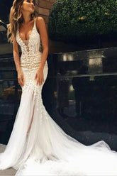 Beautiful Tulle Lace Ivory Mermaid Deep V-neck Long Wedding Dresses